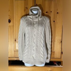 LL Bean Cotton Funnelneck Sweater Fisherman's Cable Knit Beige Womens Size M